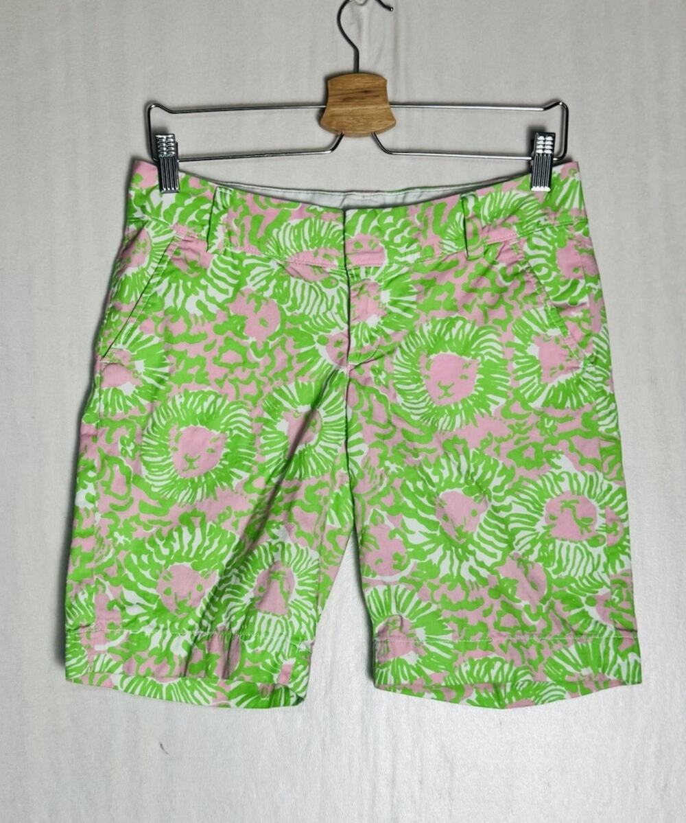 Lilly Pulitzer Chipper Shorts Pink Green Lion Print Easy Coast Preppy Size 2